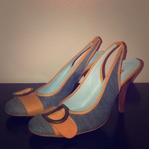 GIANMARCO LORENZI Denim Buckle Slingback Heels